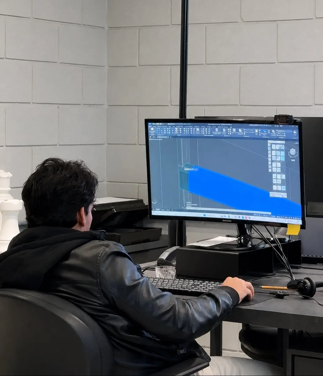 Projetista da MetalPriss desenvolvendo detalhamento estrutural em CAD